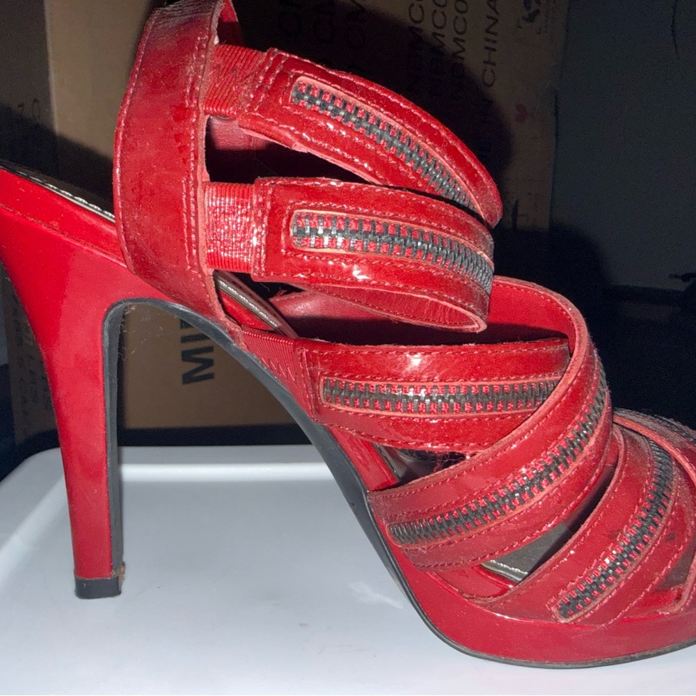 Gianni Bini Red Zipper-Trim Strappy High Heel Sandals